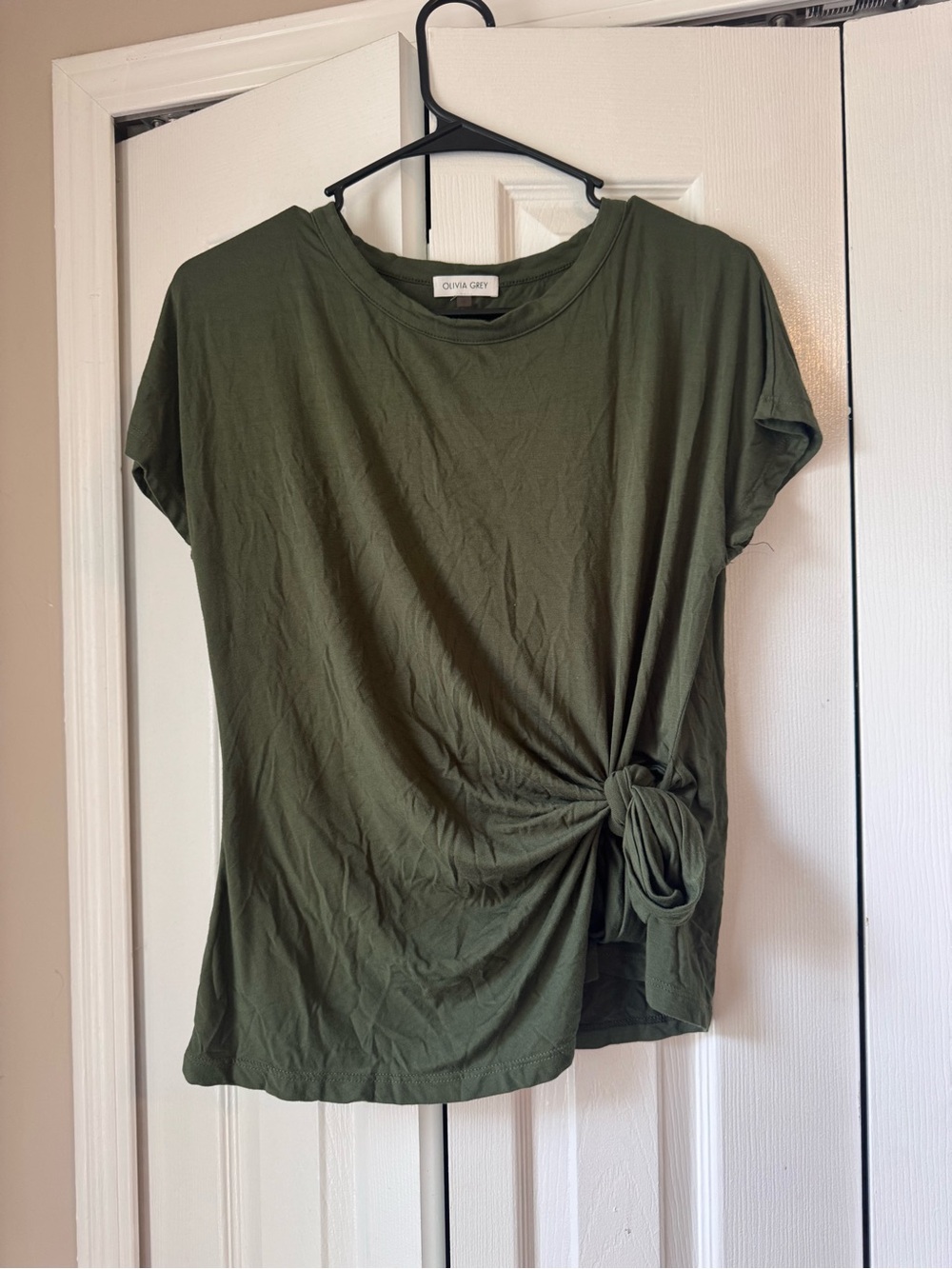 Olivia Grey Olive Green Knot Front Modal Tee Short Sleeve Blouse Casual Top M